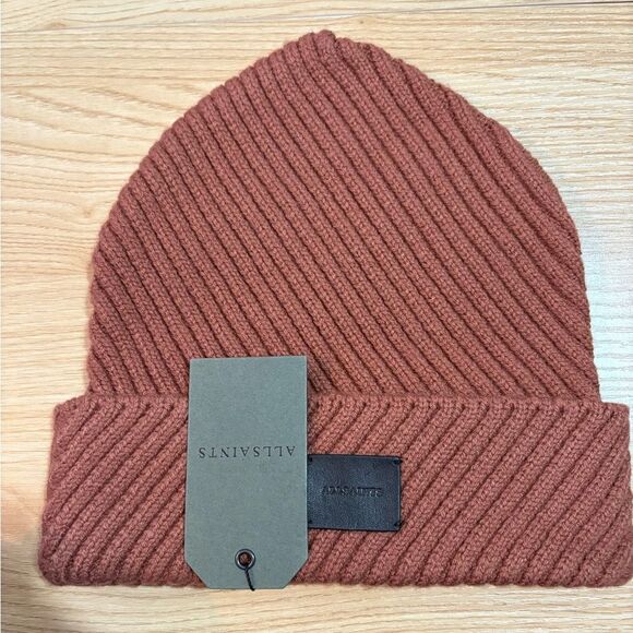 AllSaints Traveling Rib Peak Beanie In Smoke Pink  Unisex New - Picture 2 of 6